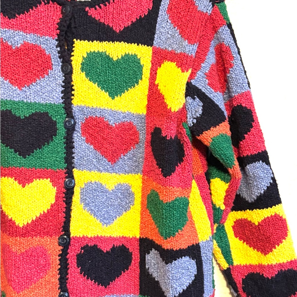 Vintage Colorful Heart Patchwork Valentine Cardigan Hand Knit Sweater Chunky PSm - Picture 4 of 7